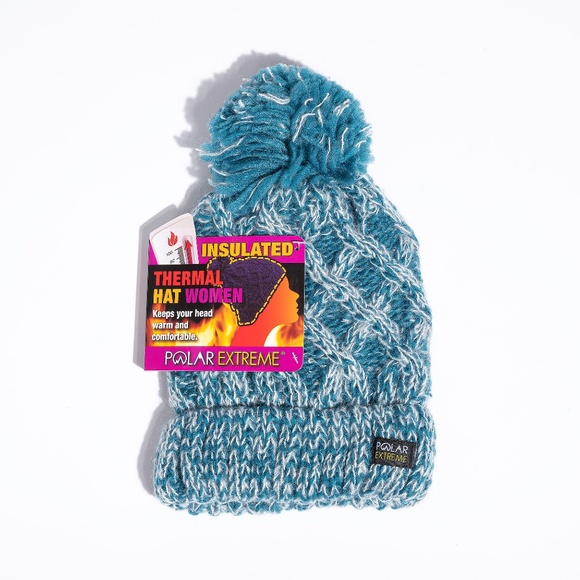 Polar Extreme Women Pom Pom Teal/White Thermal Beanie - Picture 1 of 4